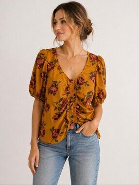 Walter Baker Mustard Floral Puff Sleeve Ruched Button Front Blouse Size M